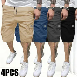 Men’s solid-color cargo shorts, 4-pack; lightweight fashion shorts with flap pockets; available in multiple colors; stretch fabric with four-way stretch; outdoor work pants for men Beige Athletic,summervibes Activewear Trouser