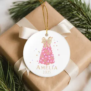 Personalized Pink Tree Bow Ornament: Classy Girly First Christmas, Custom Gift Tag, Holiday Place Settings, Any Name & Year Merry Christmas
