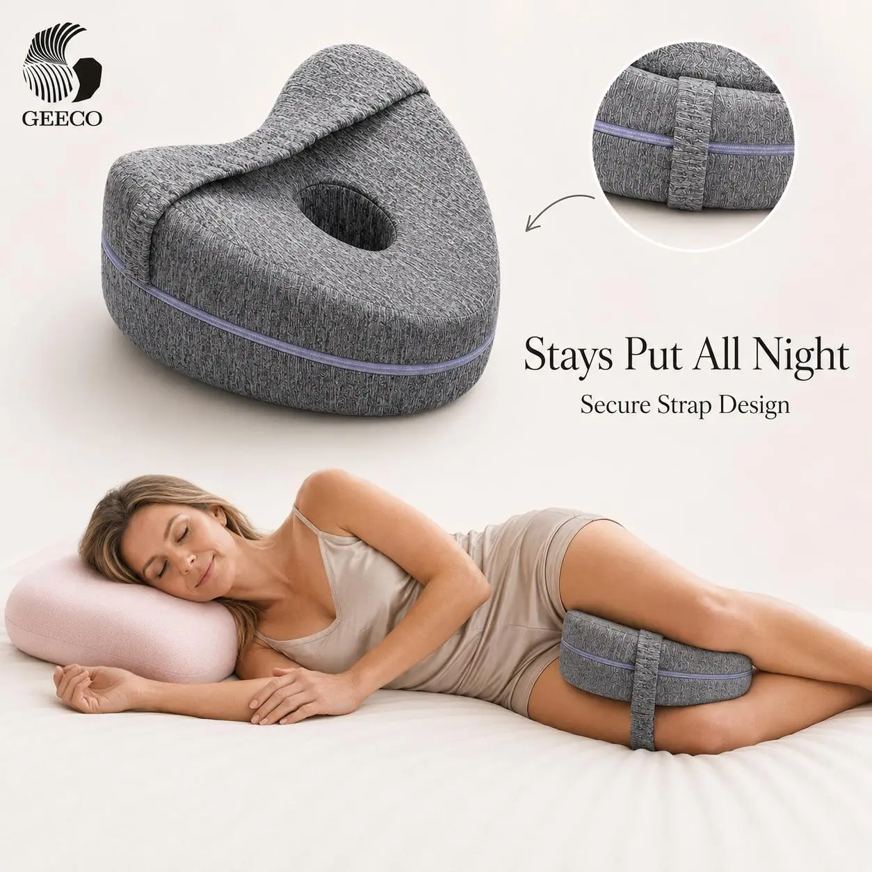 GEECO Memory Foam Knee Pillow with Adjustable Secure Strap, Contoured Hip & Leg Support for Side Sleepers, Post-Workout Rest & Nighttime Comfort