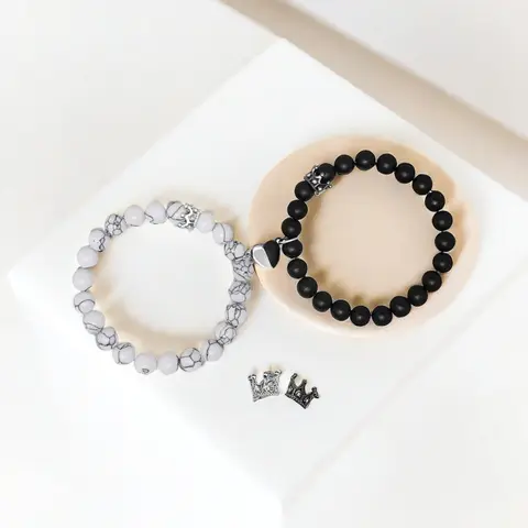 TMANI Unisex 2Pcs Matching Bracelets Set - Alloy His & Hers Promise Bracelets with Heart Pendant, Natural Stone Beads Jewelry for Matching BF & GF, Long-Distance Relationships Gifts for Girlfriend
