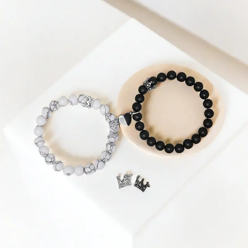 2Pcs Couples Bracelet Set Matching His and Hers Promise Love Heart Pendant Bracelet for Couples Long Distance Relationship Natural Stone Bead Couple Jewelry