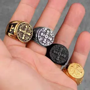 Hip Hop Cross Letter Titanium Steel Ring Saint Benedict Men's Ring Stainless Steel Fashion Men's Personalized Ring