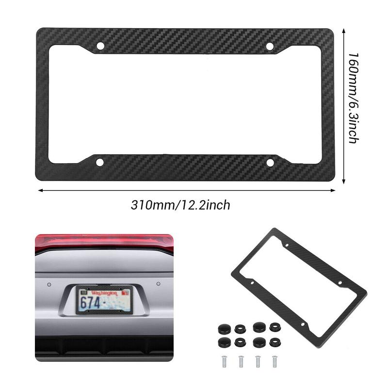 Carbon Fiber License Plate Frame - 2 Pack with Fasteners, Screws, and Mounting Holes, Waterproof Plastic Number Plate Holder, Black Color
