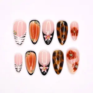 Tortoise Shell and Floral Fall Press On Nails, Nude and Zebra Print Short Almond Fake Nails Art for Autumn, Birthday, Holiday , Gift for Her