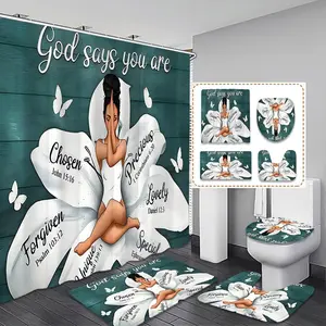 Modern Floral & Yoga Girl Print Shower Curtain Set, Waterproof Non-Slip Bathroom Decor, Includes 12 Hooks, Inspirational Quotes Design, Bathroom Decoration Accessories