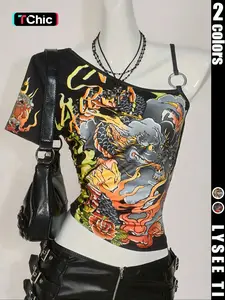 Fashion Y2K women's dragon print pattern slanted shoulder summer Casual Fitted Knit T-shirt Top Streetwear