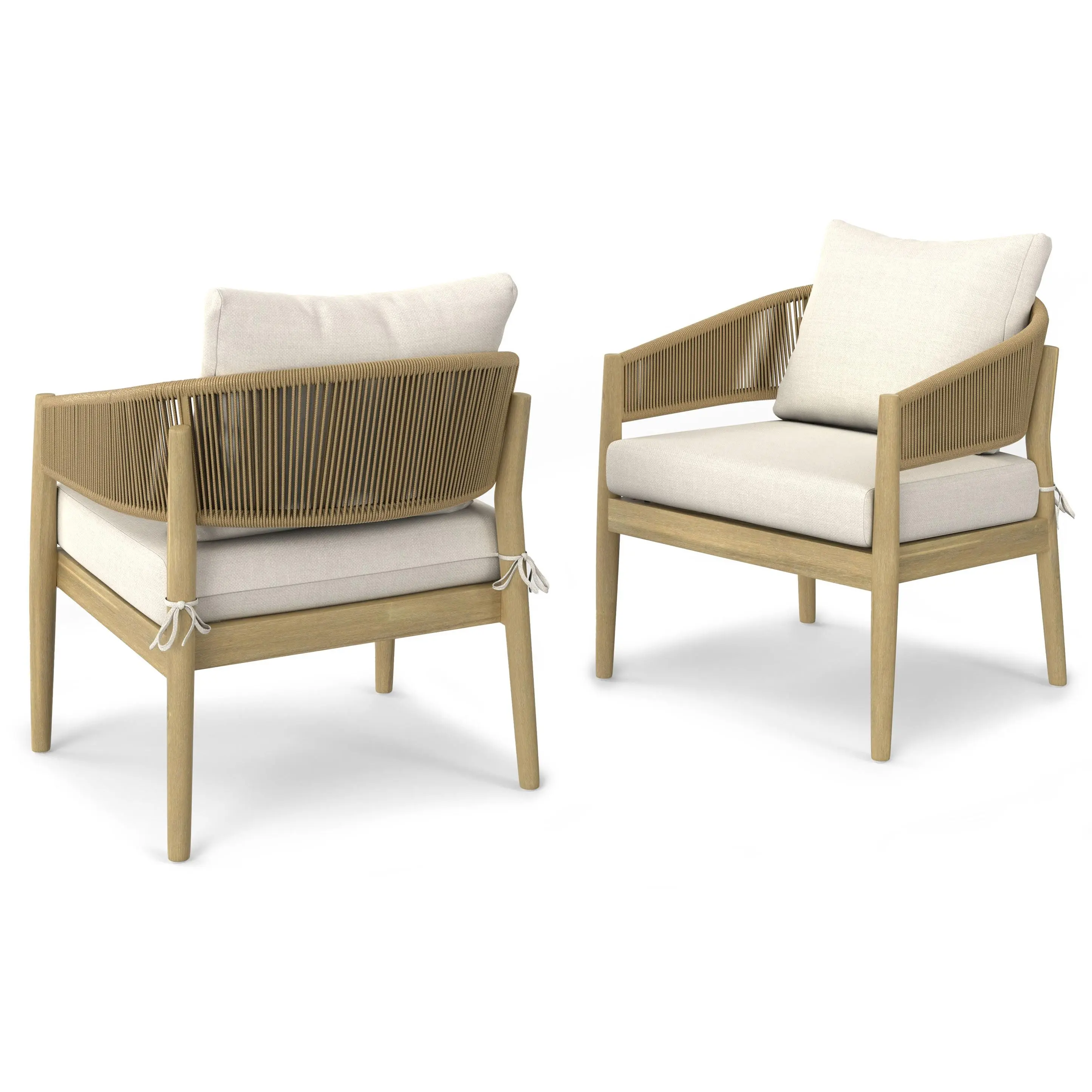 Bayshore Contemporary Waterproof Wood & Aluminium Outdoor Conversation Chairs (Set of 2) - Acacia Wood, 29.7" d x 27.6" w x 29.1" h, Durable, Fiber Filled Hand-Wrapped Curved Back & Arms, Ideal for Balcony, Front Porch