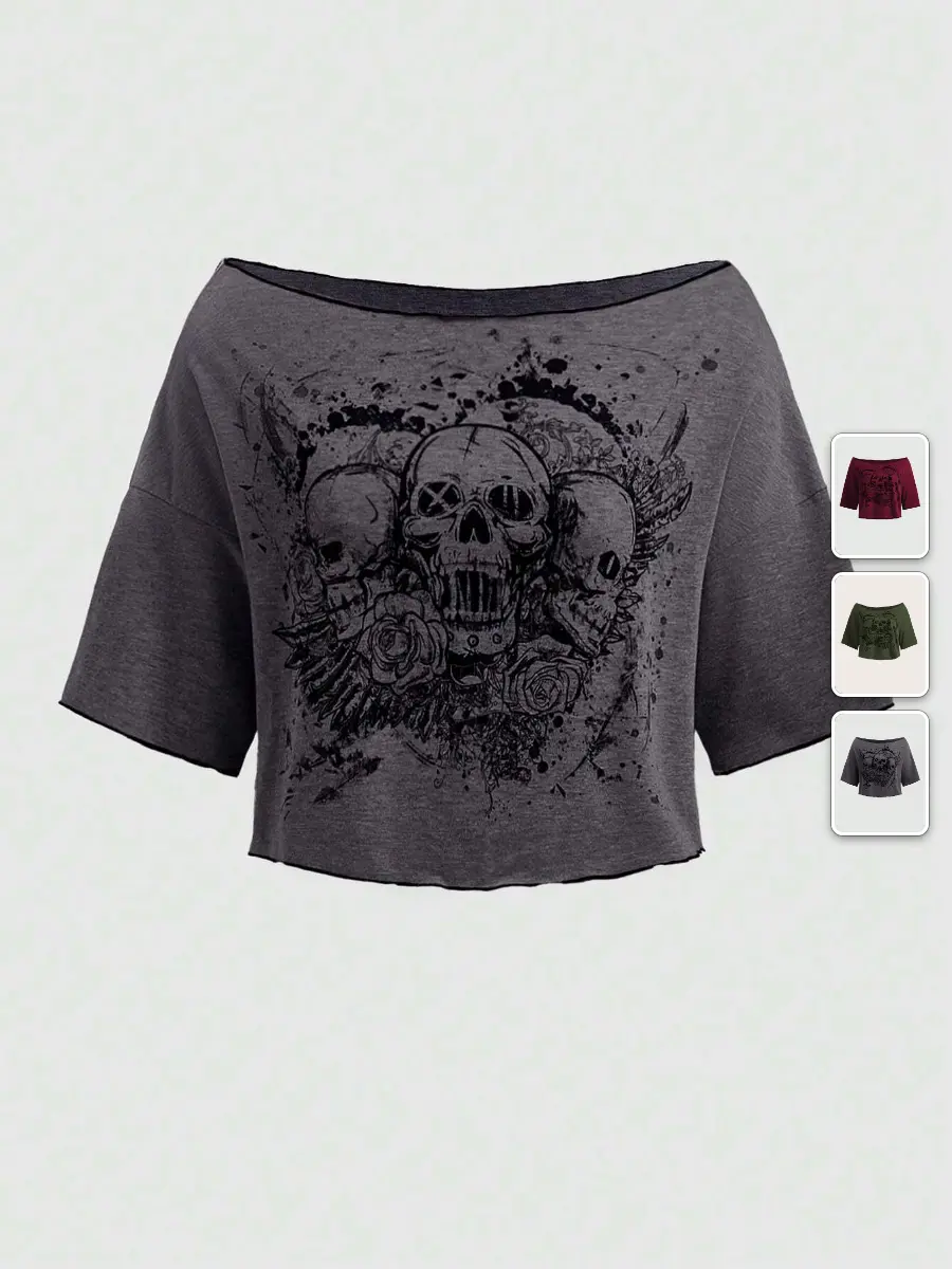 Off Shoulder Skull Graphic Tee Goth Women's Y2K Streetwear Top