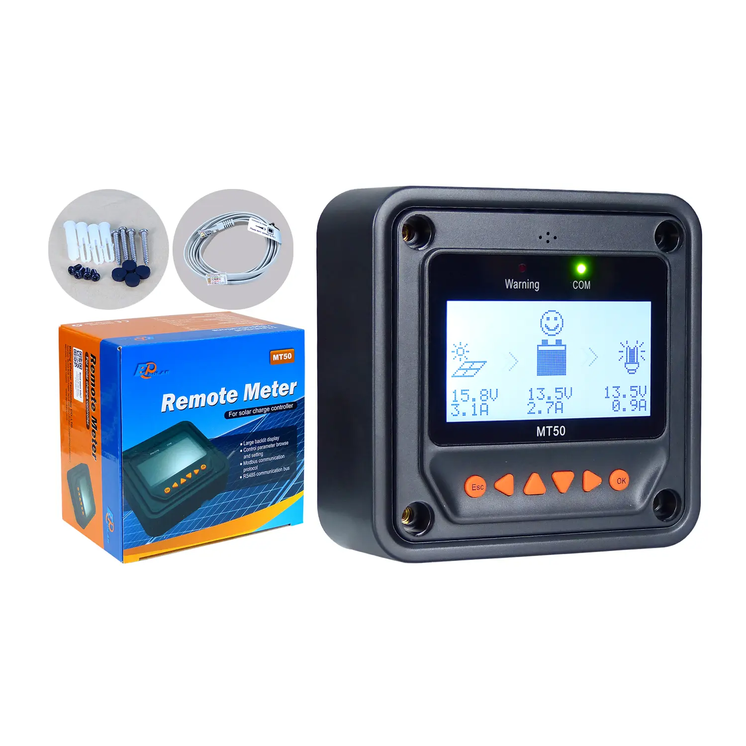 EPEVER MT50 Remote Meter for MPPT Solar Charge Controller 10/20/30/40A 50/60/80/100A LCD Display Monitoring Setting Datas of Solar Panel Battery Regulator System (MT50)