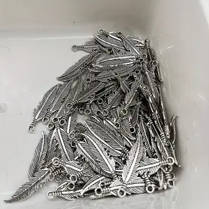 30pcs Charms Double Sided Feather 27x7mm Antique Making Pendant fit, Vintage Tibetan Silvery color, DIY Handmade Jewelry, Alloy Material