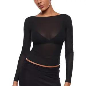 Women's Mesh Sheer Long Sleeve Tops See Through Boat Neck Going Out Tops Trendy Sexy Shirts