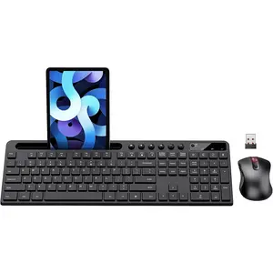 L-KBB006  Wireless Keyboard and Mouse Combo, 2.4G Ergonomic Wireless Computer Keyboard with Phone Tablet Holder, Silent Mouse with 6 Button, Compatible with MacBook, Windows (Black)