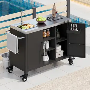 55.5" Outdoor Kitchen Island with Sink, Metal Grill Cart Table with 304 Stainless Steel Sink, Outdoor Bar Cart Sink Station with 4 Lockable Wheels for Pizza Prep & BBQ, L 55.5" x W 20" H 36.7"