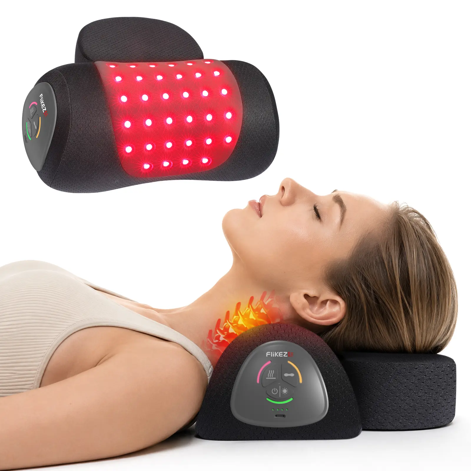 FliKEZE 3-in-1 Heated Red Light Airbag Neck Pillow - Airbag Traction, Red Light Stimulation, Heating Functions - Travel & Office Fatigue Relief Easy-Store Personal Care Massage Device