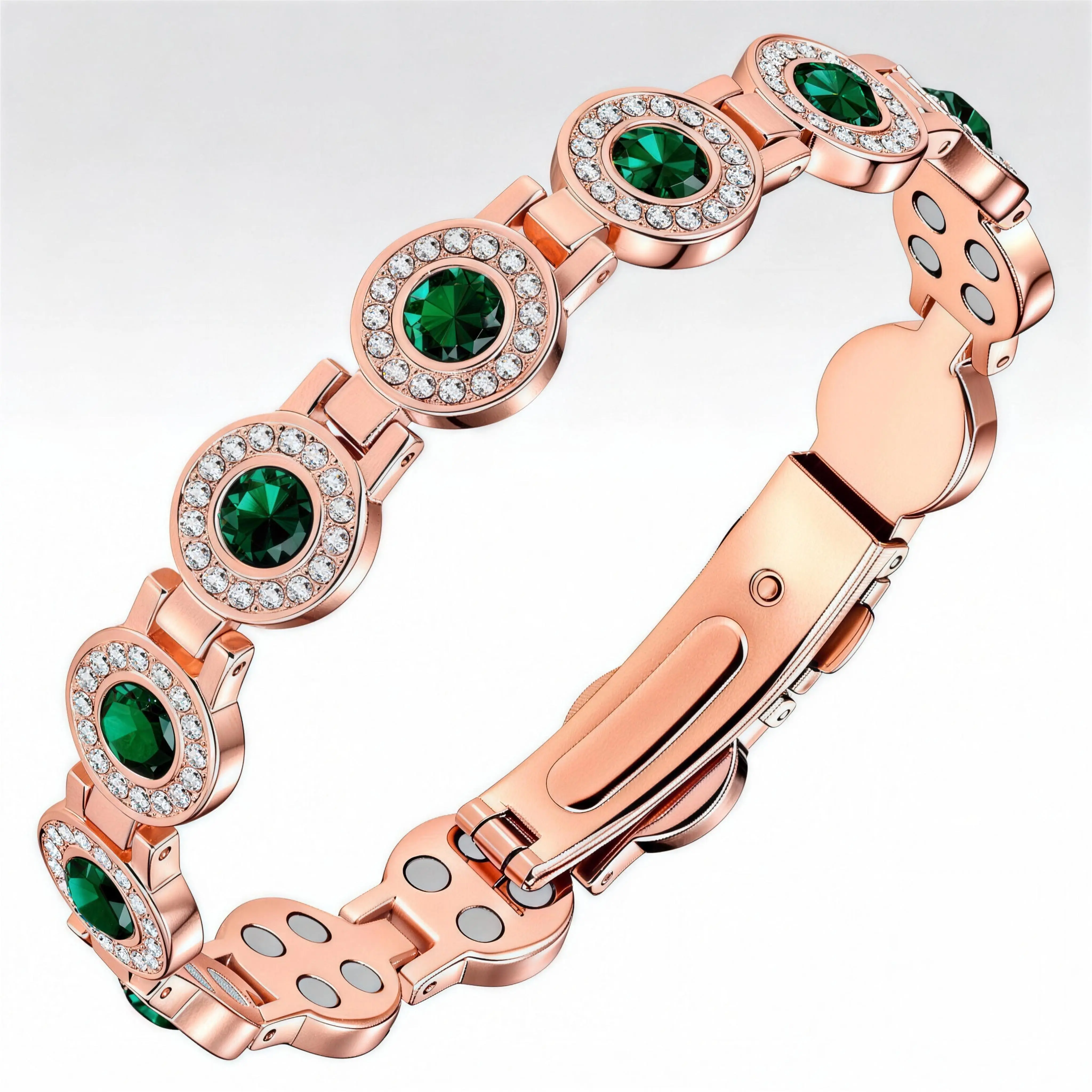 Exquisite Trendy Jewelry Bracelet for Women in Rose Gold, Green Oval Gemstones with Crystal Inlay, Secure Magnetic Clasp for Daily Wear, Christmas Gift, Exquisite Trendy Bracelet, Well-Linked Segments