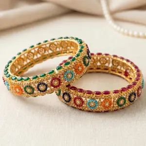 Women's Nauratan Openable Statement Single Bangle, 2.6/2.8/2.10 Sizes, Colorful Gemstones & Rhinestones, Simple Style Costume Jewelry for Festive & Wedding Wear