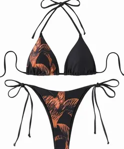 Black Floral String Triangle Bikini Set Women's Sexy Tie Side Two Piece Swimsuit 9JY