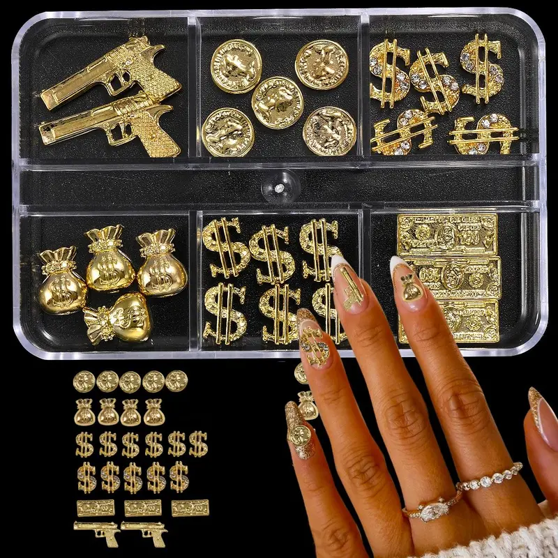 Money Bag Design Nail Art Decoration Nail Charms Nail Stickers, 25pcs/box 6-grid Box Alloy Nail Art Decoration, DIY Nail Art Accessories Diy Nails Art for Women & Girls Nail Kit