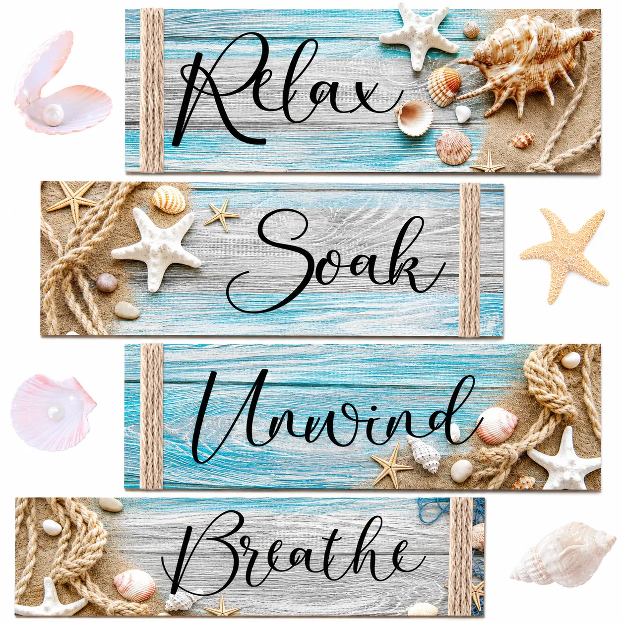 4 Pcs Sturdy Ocean Beach Wood Wall Art Sign, Hanging Wooden Decor for Living Room, Spa, Washroom