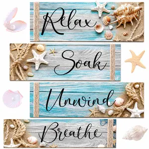 4 Pcs Ocean Beach Wood Relax Soak Unwind Breathe Art Sign Hanging Wooden for Decor Living Room Laundry Spa Washroom