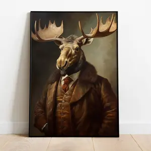 Funny Animal Wall Art – Renaissance Moose Poster, Vintage Moose Head on Human Body Print, Quirky Home Decor, Room Decor, Unframed