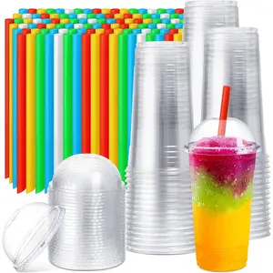 100 Sets Clear Plastic Cups with Dome Lids and Colorful Straws, Disposable Slushie Smoothie Cups PET Beverage for Party Iced Coffee Cold Drinks Juice Milkshake Fruit  Dessert(32 oz)