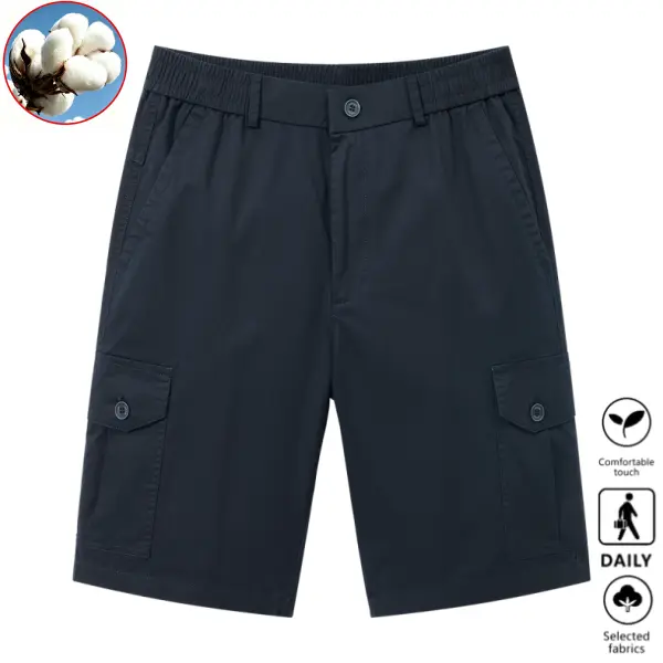 Pure cotton cargo shorts with a half elastic waistband, straight cut, solid color, mid-thigh length, relaxed minimalist trendy style, water-washed cotton fabric, high-rise design that optimizes body proportions, classic fit suitable for pairing with vario