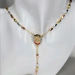 14K Gold Plated Rosary Necklace with Multicolor Stones and San Judas Pendant, 3mm Beads, 18" Length