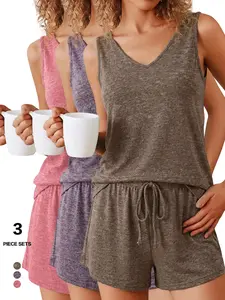 Women's 2-Piece Sleeveless Summer Pajamas Set, Ribbed Knit Tank Top & Shorts, Cute Basic Loungewear Sleepwear for Women