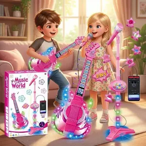 Kids Guitar and Microphone Set, Guitar Toys with Music&Colorful Light, Adjustable Height Microphone with Stand, Music Light Karaoke Toys Birthday