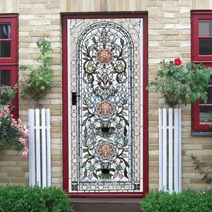 2pcs Vintage Stained Glass Style Door Sticker Church Window Decorative Self Adhesive Removable Wall Decal for Living Room Entrance Bedroom Classical Floral Pattern Glass Sticker Home Decor Art Mural Co