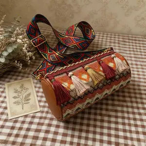 Bohemian Cylinder Crossbody Bag for Women, Colorful Tassel Ethnic Woven Shoulder Purse with Wide Strap, Retro Casual Everyday Bag