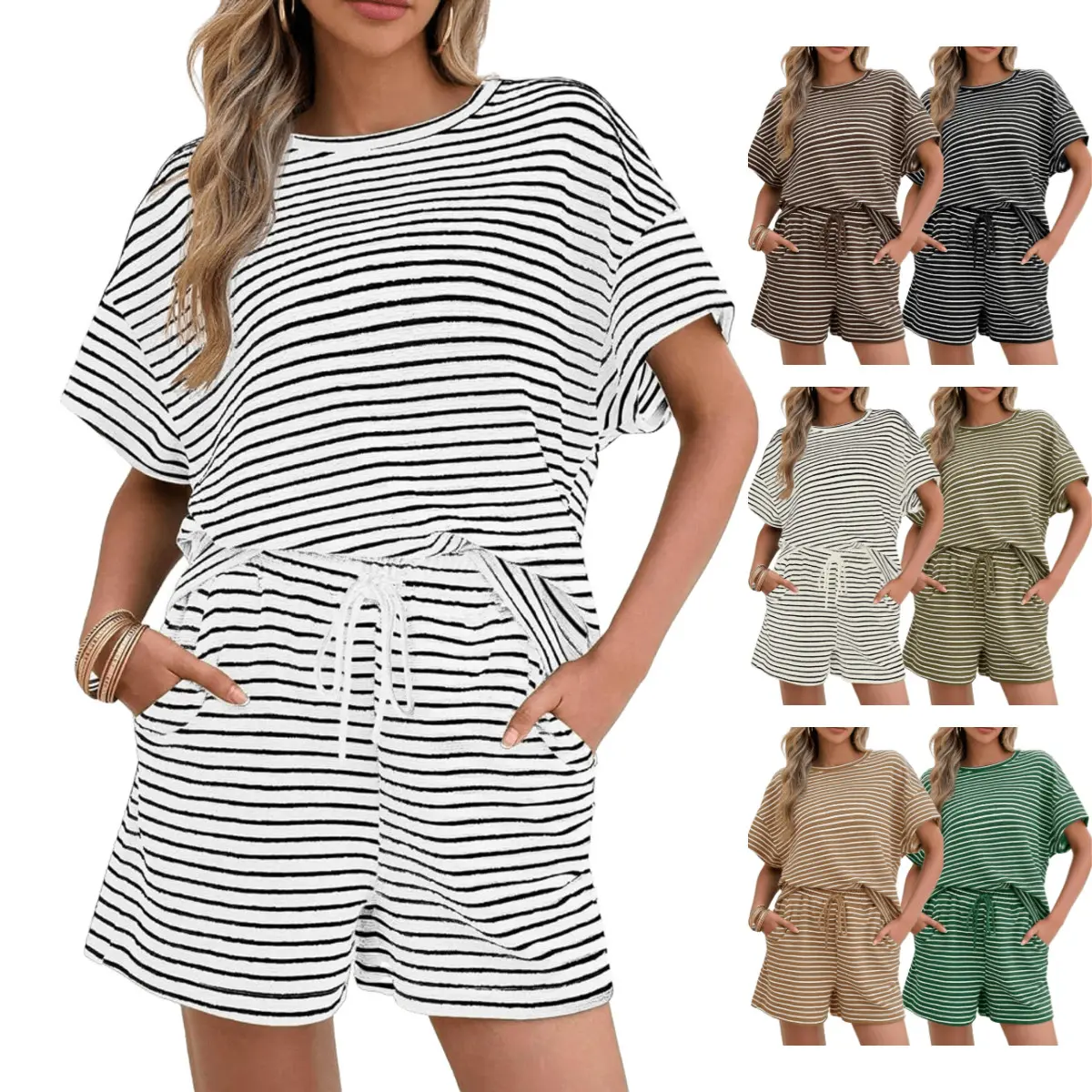 Imily Bela Womens Pajamas 2 Piece Lounge Sets Striped Short Sleeve T Shirts Drawstring Shorts Matching Set