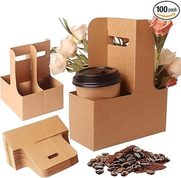 Disposable Cowhide Paper Drinking Cup Holder, Thick Eco-Friendly Sturdy Assembleable, 2-Cup/4-Cup Capacity, 50-Count Pack, Delivery Safe Coffee Beverage Kitchenware Accessory