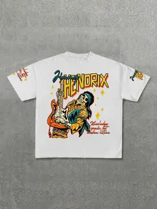 Men's Regular Fit Guitar & Skull Print Round Neck Graphic Tee, Casual Short Sleeve T-shirt for Summer, Fashion Men's Top for Daily Wear, Tropical, Casual Style Tee, Casual Tee Tops, Casual Summer Clothing