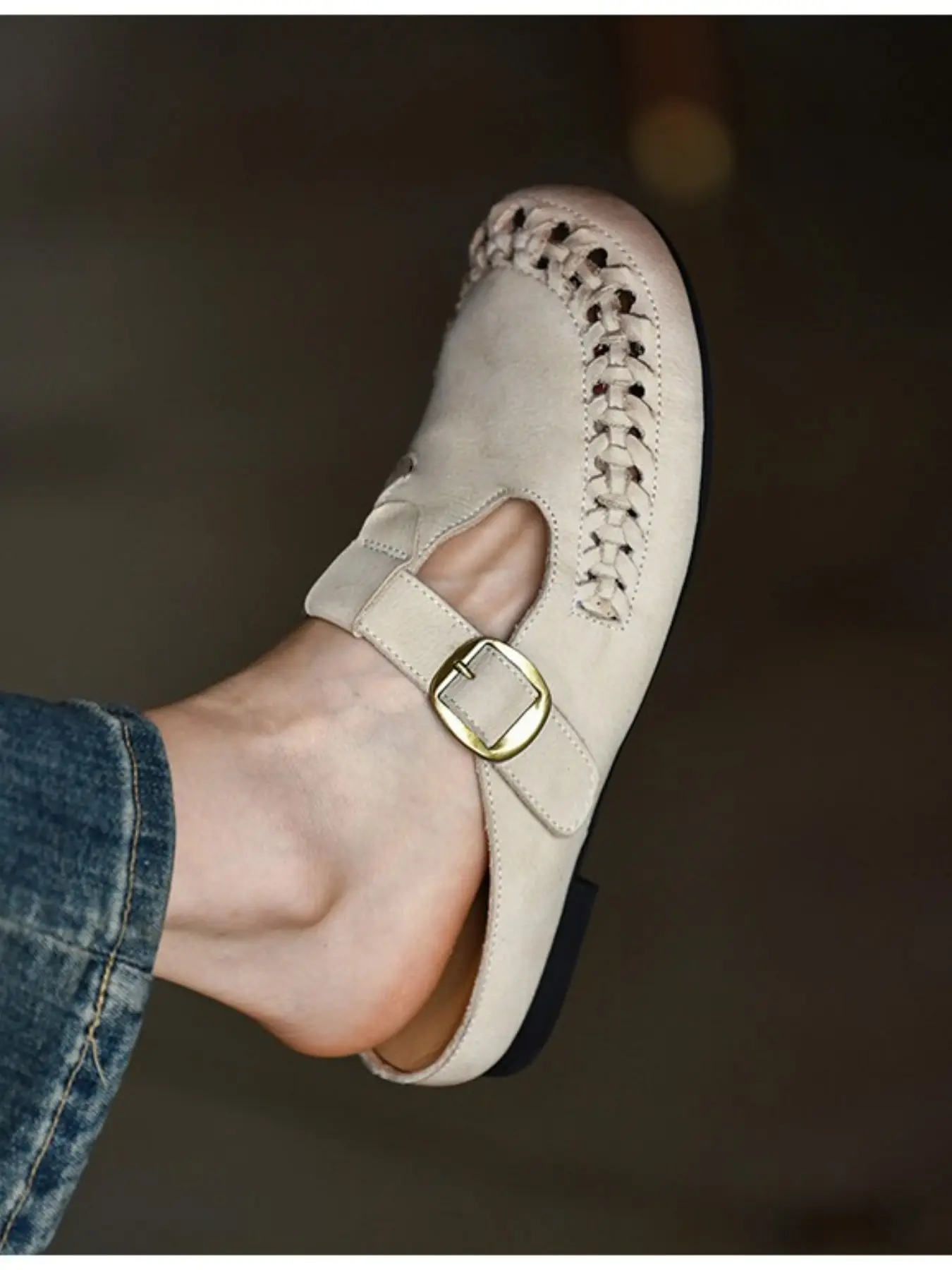 Women's Braided Hollow Out T-Strap Flat Mules, Spring Summer New Arrival, Open Toe Slip-On Shoes, Comfortable Casual Footwear