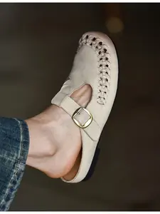 Women's Braided Hollow Out T-Strap Flat Mules, Spring Summer New Arrival, Open Toe Slip-On Shoes, Comfortable Casual Footwear