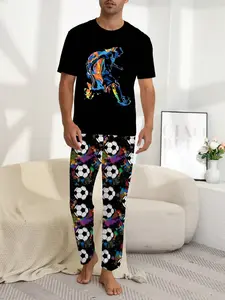 Men's Round Neck Cartoon Print Top & Football Print Pants Sleepwear Set, Comfortable Casual Loungewear, Perfect for Home Use, Pajama Set