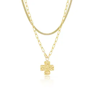 Tewiky 14K Gold-Plated Double Layer Necklace (Snake Chain / Folded Cross Paperclip Facing Forward with Lobster Clasp), Delicate Jewelry Gift, Valentine's Day Gift, Easter, Suitable for Various Occasions