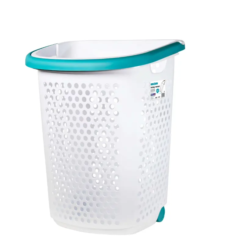 Home Logic 2 Bushel Rolling Plastic Laundry Hamper with Pop-up Handle, White, Adult