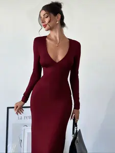 French Elegance Long Dress, Deep V Neckline, Tie-Dye Craftsmanship, Bodycon Silhouette, Formal Wear, Perfect for Evening Parties