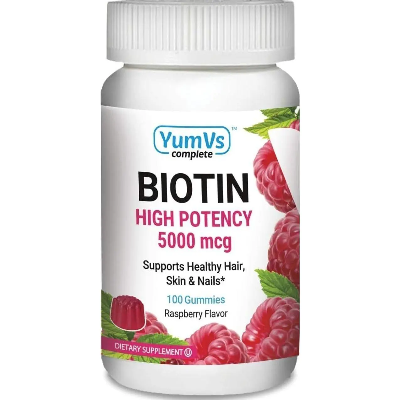 YUM-V's Biotin Gummies – High Potency Biotin Vitamins 5,000 mcg – Natural Raspberry Flavor Hair Vitamins – Kosher Hair Skin and Nails Gummies (100 Count)