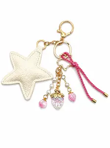 Ivory White Star Faux Leather with Strawberry Charm and Gold Hardware Star - Cute Keychain and Bag Charm
