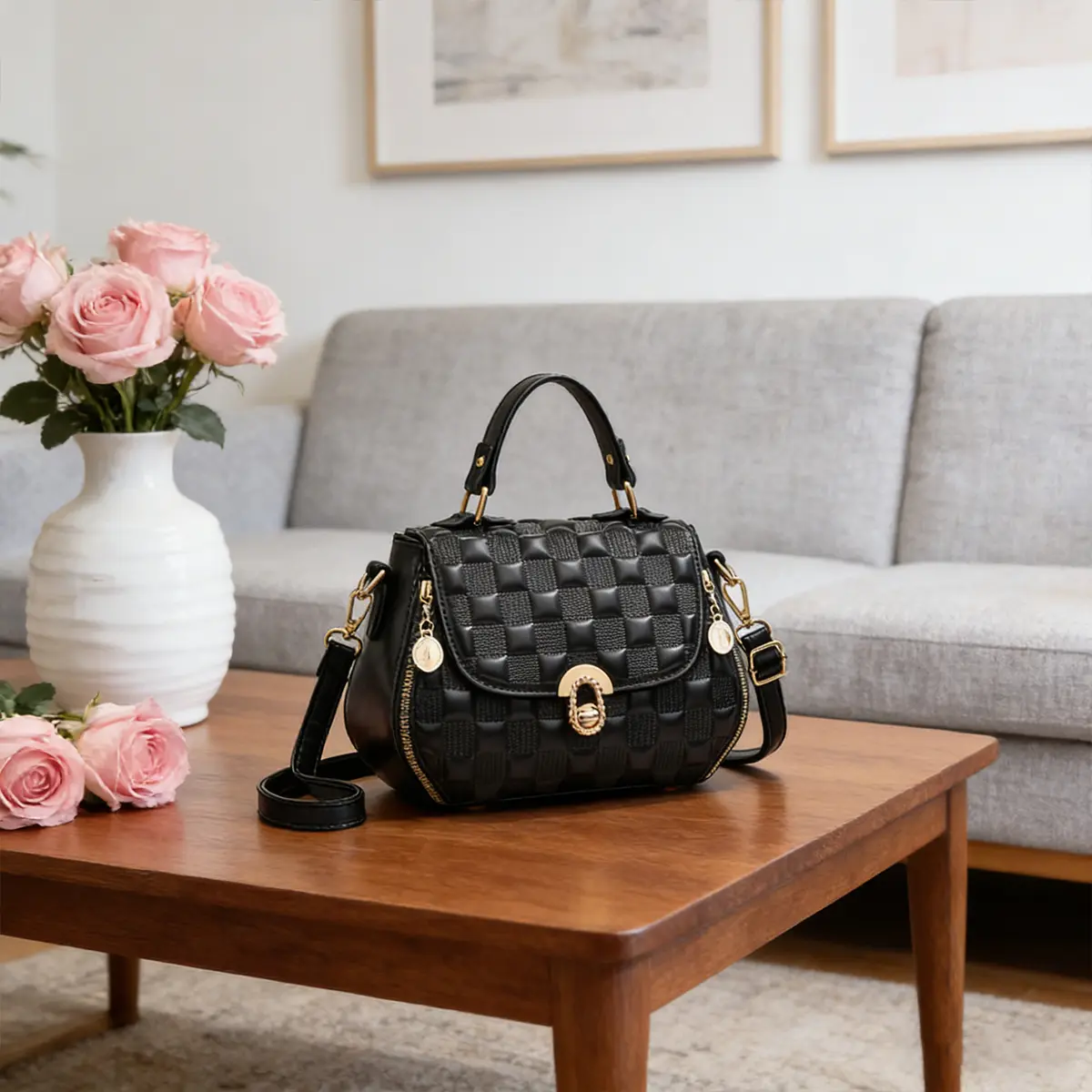 Women's PU Leather Satchel Handbag, Embossed Geometric Woven-Texture Top Handle Purse with Gold Turn Lock, Lightweight Casual Crossbody Bag for Work, Pu Leather Bag, Lightweight Work Bag, Fashion Elegant Handbag