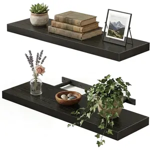 Black Floating Shelves for Wall, 22" Long Wall Mounted Rustic Wood Shelves for Living Room, Bedroom, Bathroom and Kitchen, Wall Shelves for Storage, Books, Room Decor Set of 2