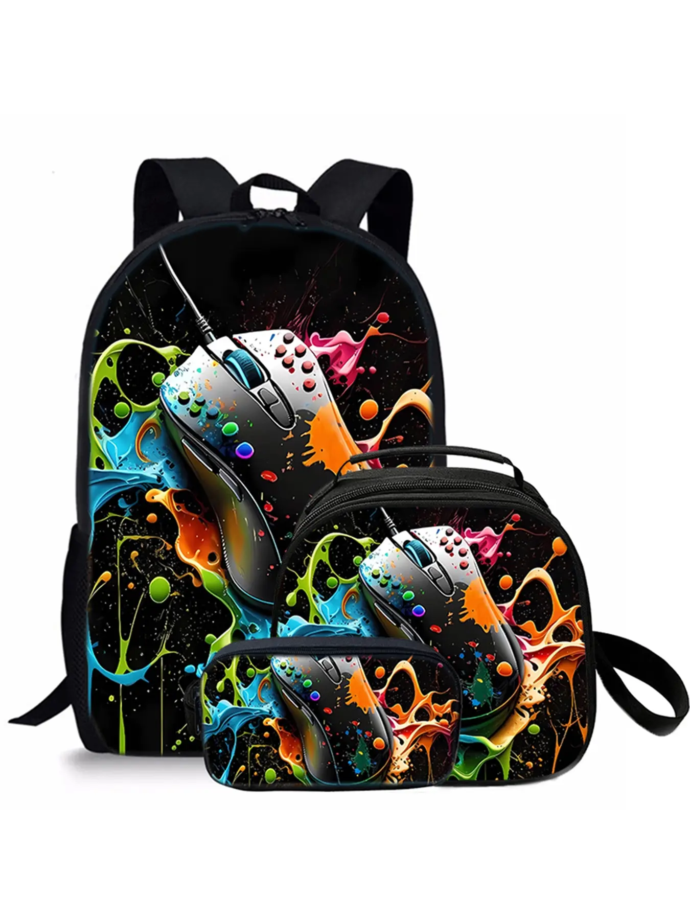 Mouse pattern printed 17-inch backpack three-piece set (single-layer backpack + shoulder strap round lunch bag + single-layer pencil bag)