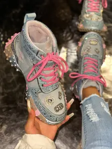Women's High-Top Casual Trainer Shoes, Sneaker, Sparkling Accessories with Rhinestones, Fashionable Design for Daily Wear, All Seasons