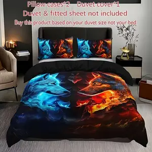 3-Piece Down Comforter Set, Wolf Print Design, Includes 1 Quilt Cover & 2 Pillowcases (coreless), Cozy Bedding for Warm Nights, Bedroom Bedding Set