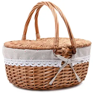 Wicker Picnic Basket with Lid and Handle Sturdy Woven Body with Washable Lining,Little Flowers