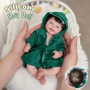 16 Inch Lovely Full Body Solid Silicone Boy Doll Dress in Green Outfits With Rooted Hair Waterproof Soft Touching Feeling Lifelike Reborn Doll Toys For Kid's Present